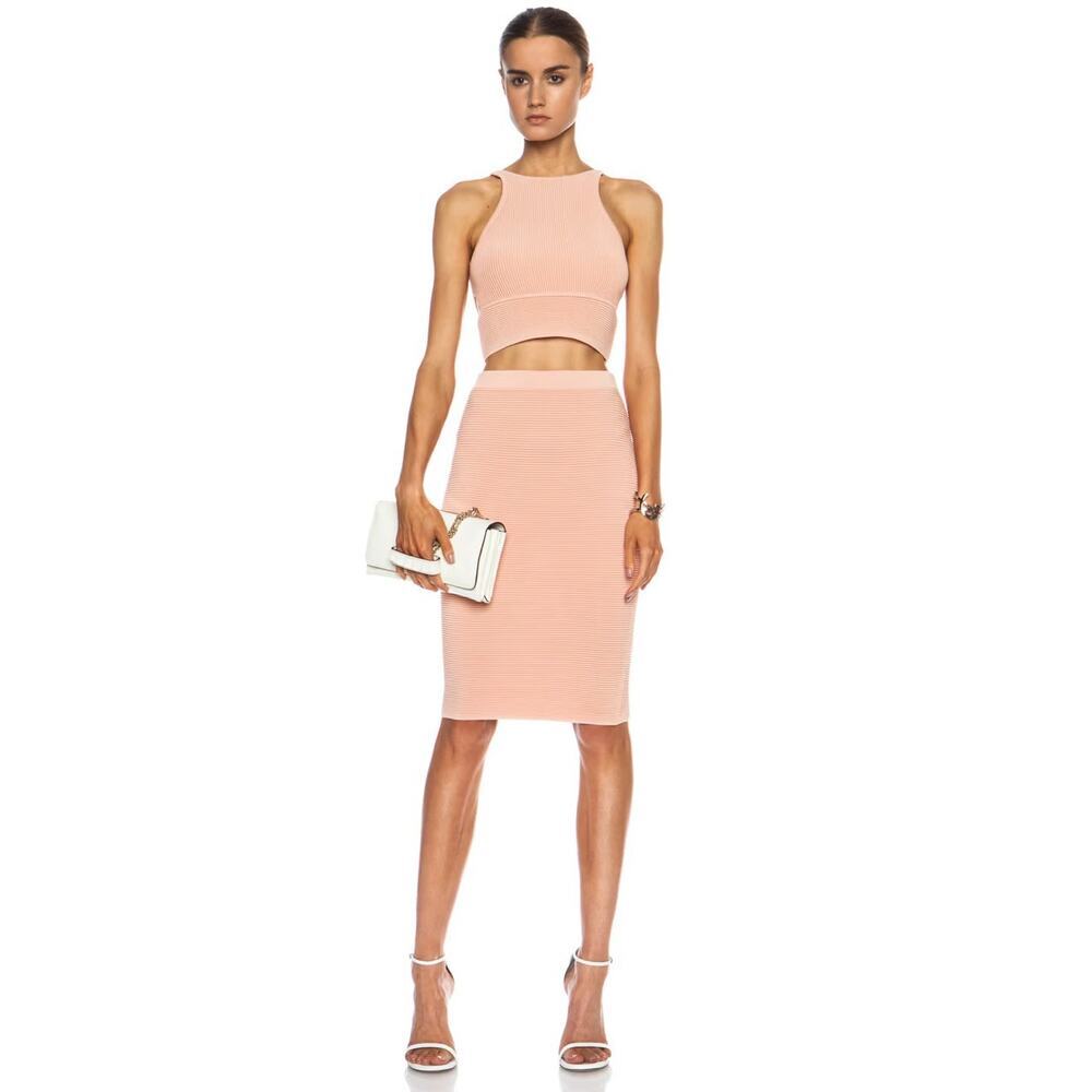 SIMKHAI Ribbed Knit Pencil Skirt Pink Rayon Blend Small S Bodycon Midi MSRP $345
